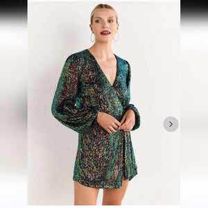 Lena Sequin Wrap Front Romper in Green Size Small